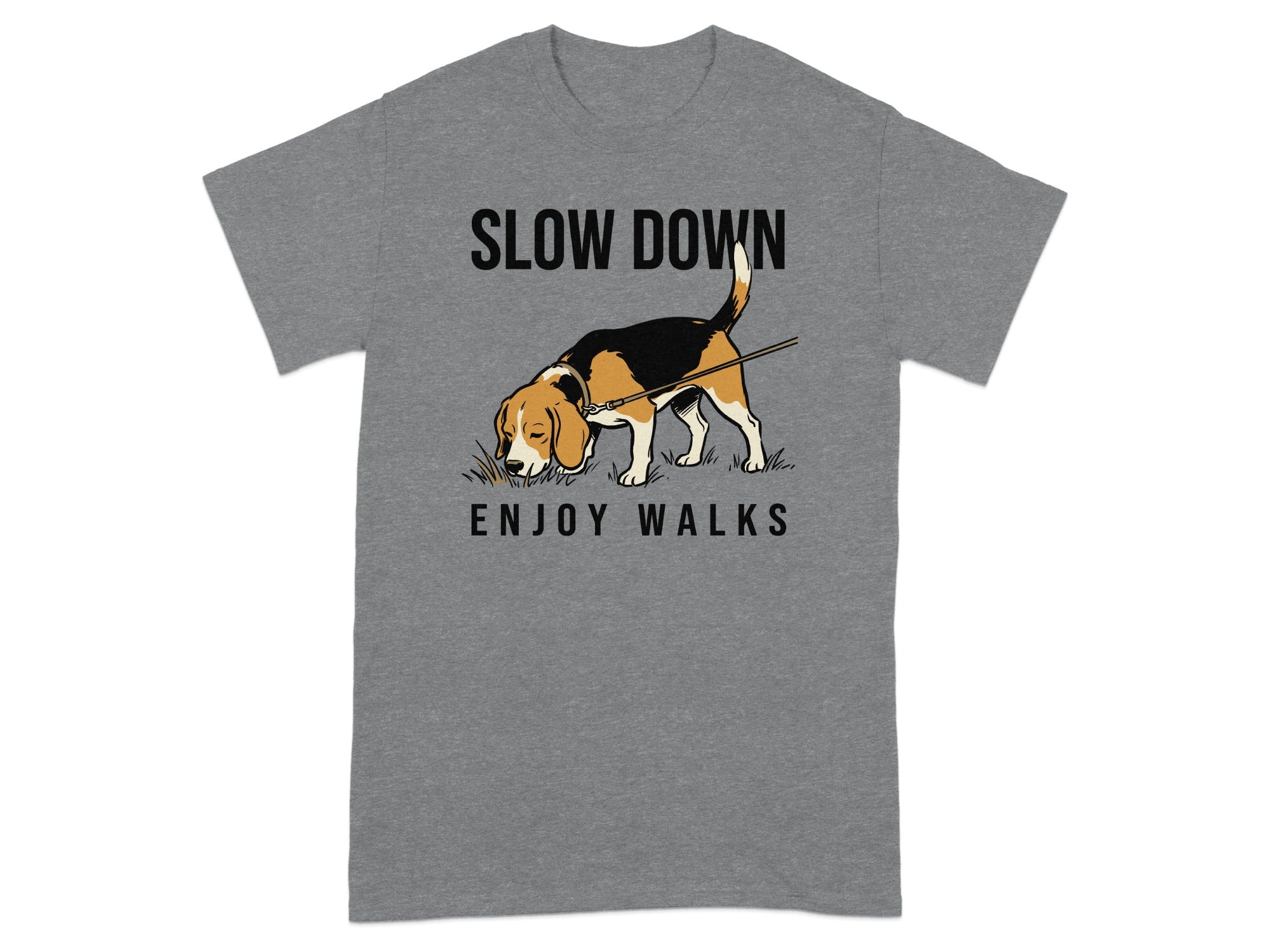 T-shirt with beagle sniffing ground, text "SLOW DOWN ENJOY WALKS".