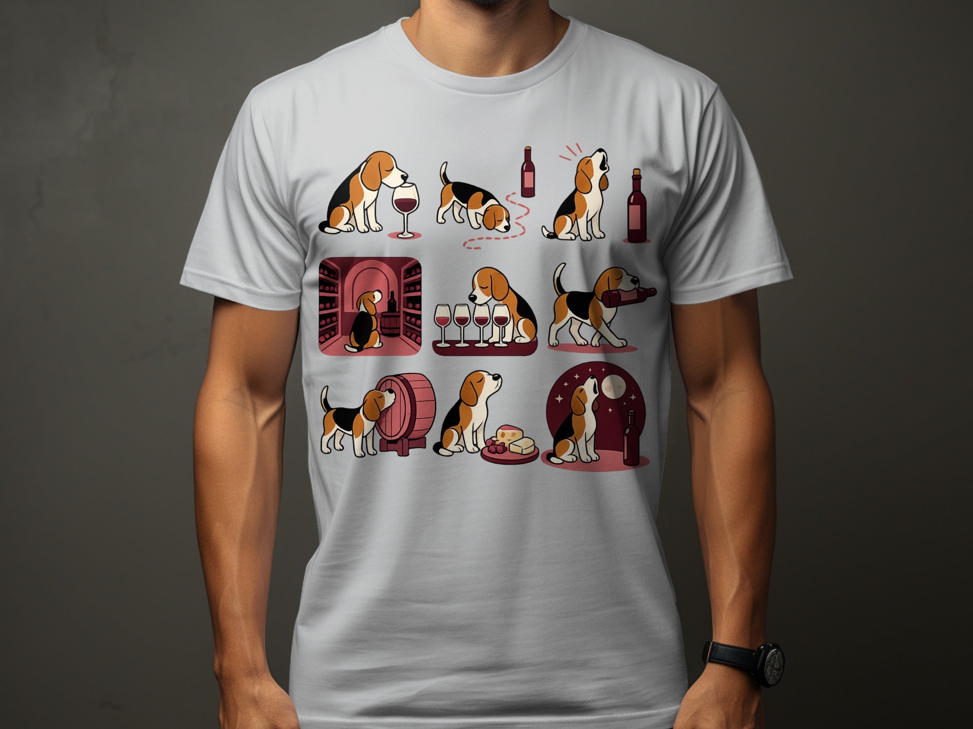 Beagle dogs interacting with wine bottles and glasses in a cartoon style.