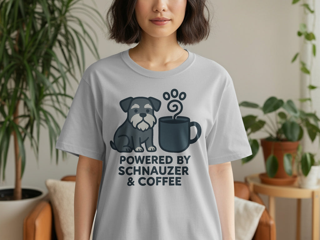 Gray t-shirt with a schnauzer dog, coffee cup, and text: Powered by Schnauzer & Coffee.