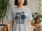 Gray t-shirt with a schnauzer dog, coffee cup, and text: Powered by Schnauzer & Coffee.