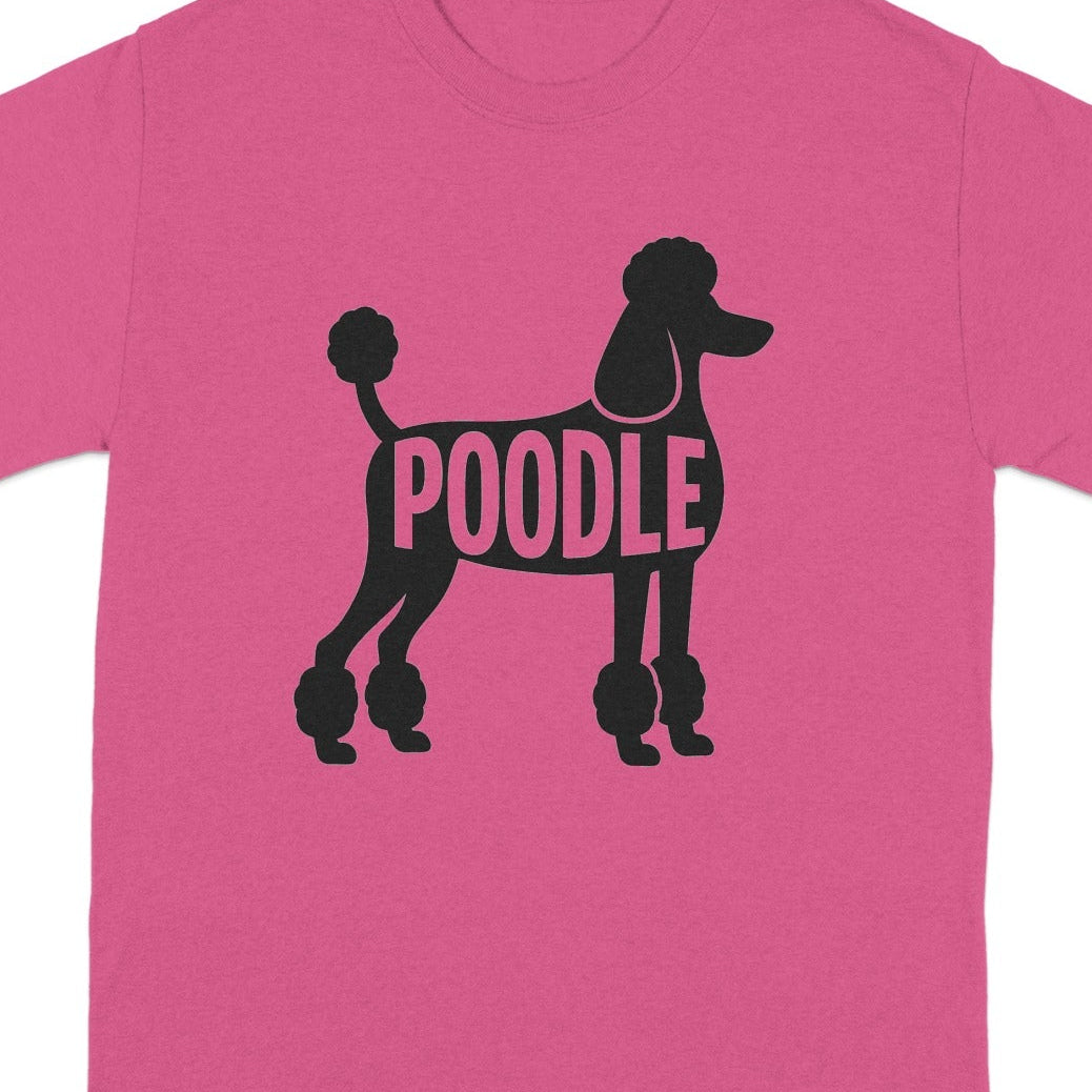 Pink t-shirt with black poodle silhouette and text.