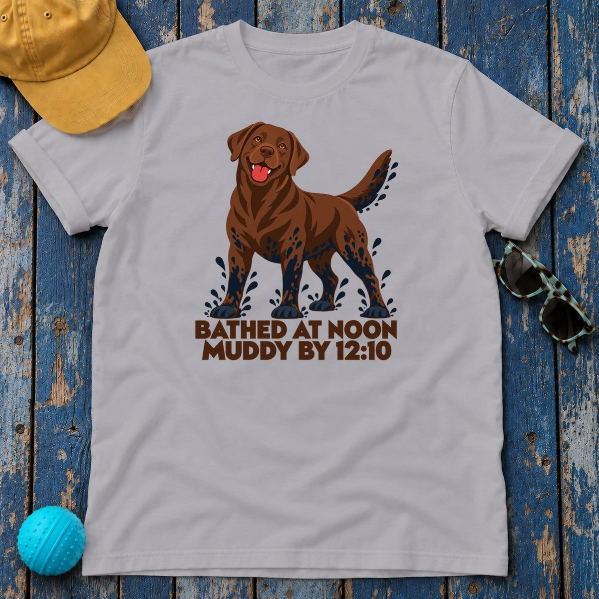 Bathed At Noon Muddy By 12:10 Chocolate Lab T-Shirt in Athletic Heather