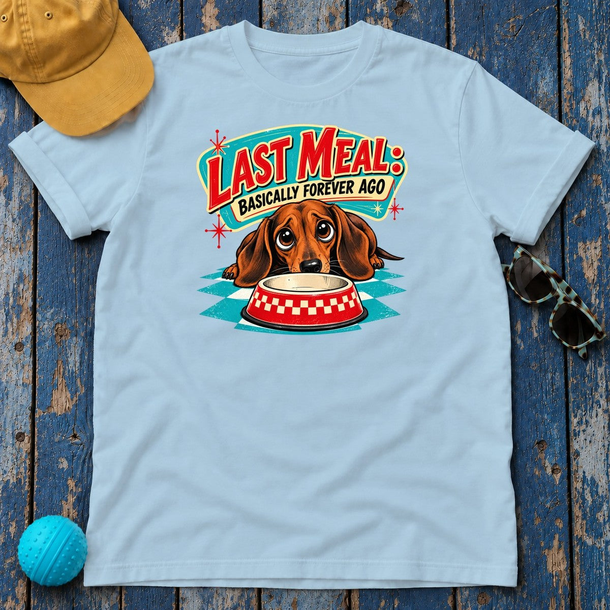 Last Meal Basically Forever Ago Dachshund T-Shirt in Light Blue - flat lay