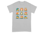 Nine corgi dogs are depicted in various yoga poses on a gray t-shirt.