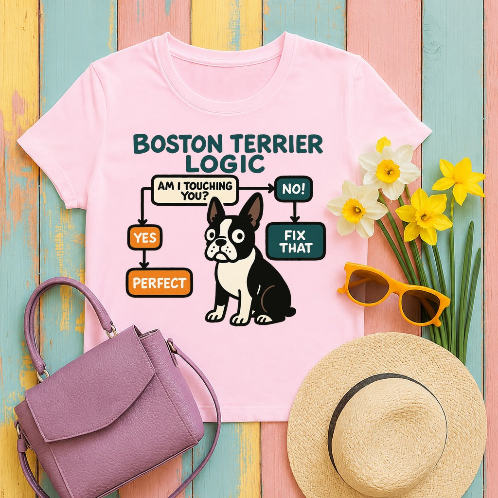 Boston Terrier Logic Flowchart T-shirt in Light Pink