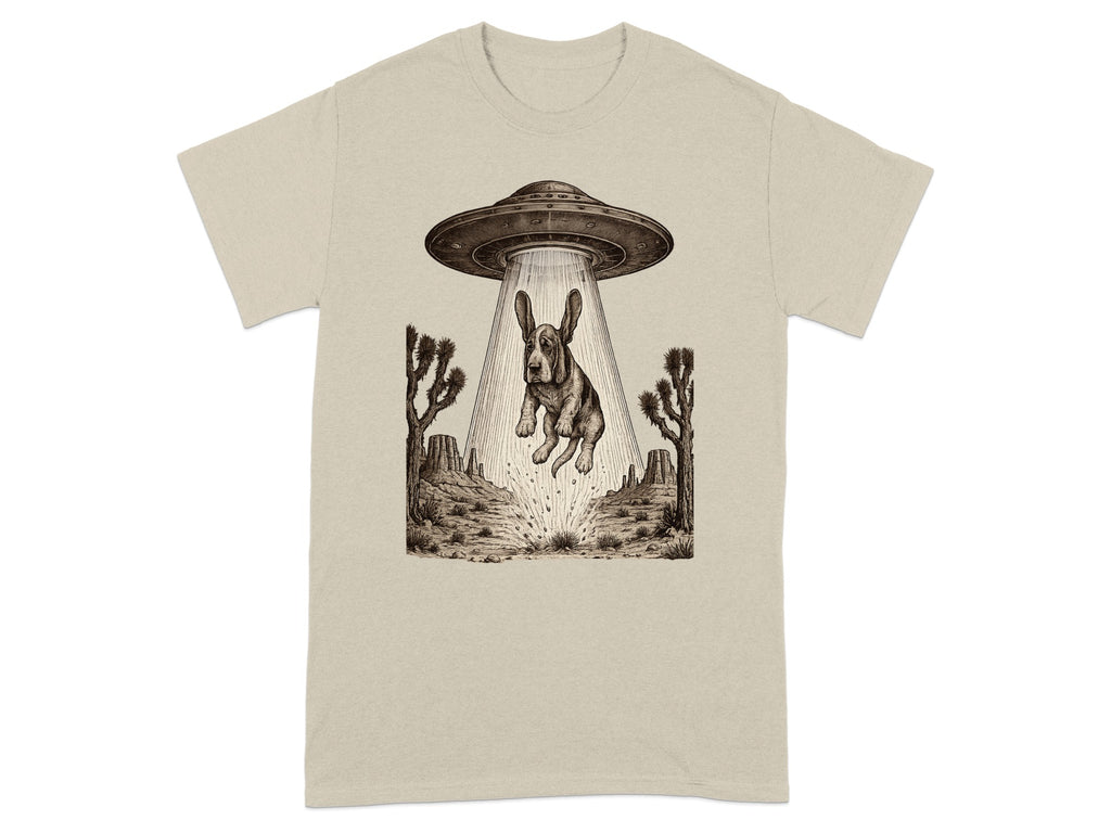 Basset hound being abducted by a UFO in a desert landscape.