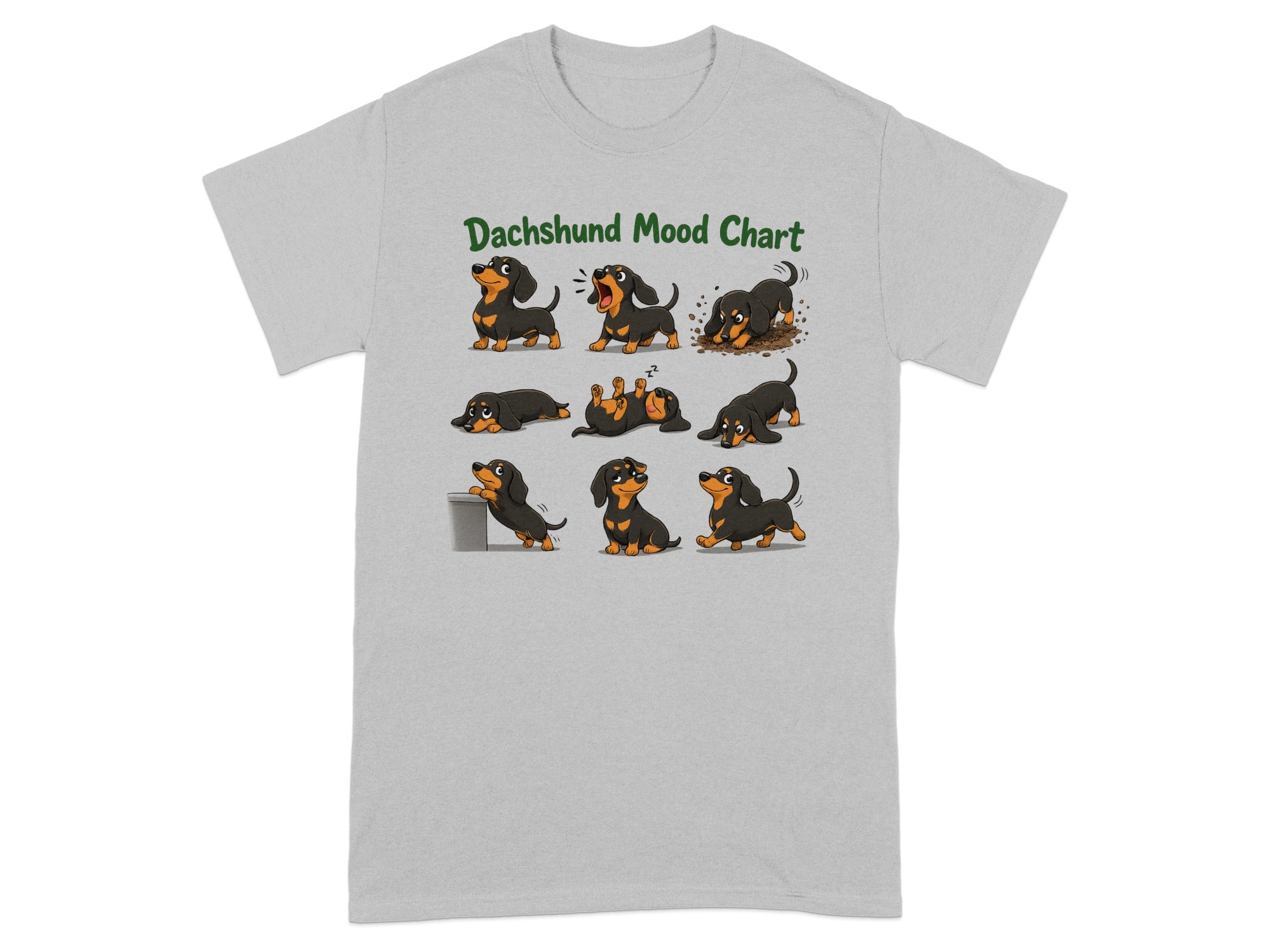 Dachshund mood chart with nine cartoon dachshund illustrations.