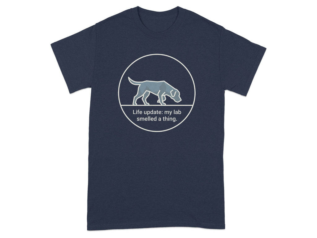 Navy t-shirt with a minimalist lab dog silhouette and text.