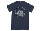 Navy t-shirt with a minimalist lab dog silhouette and text.