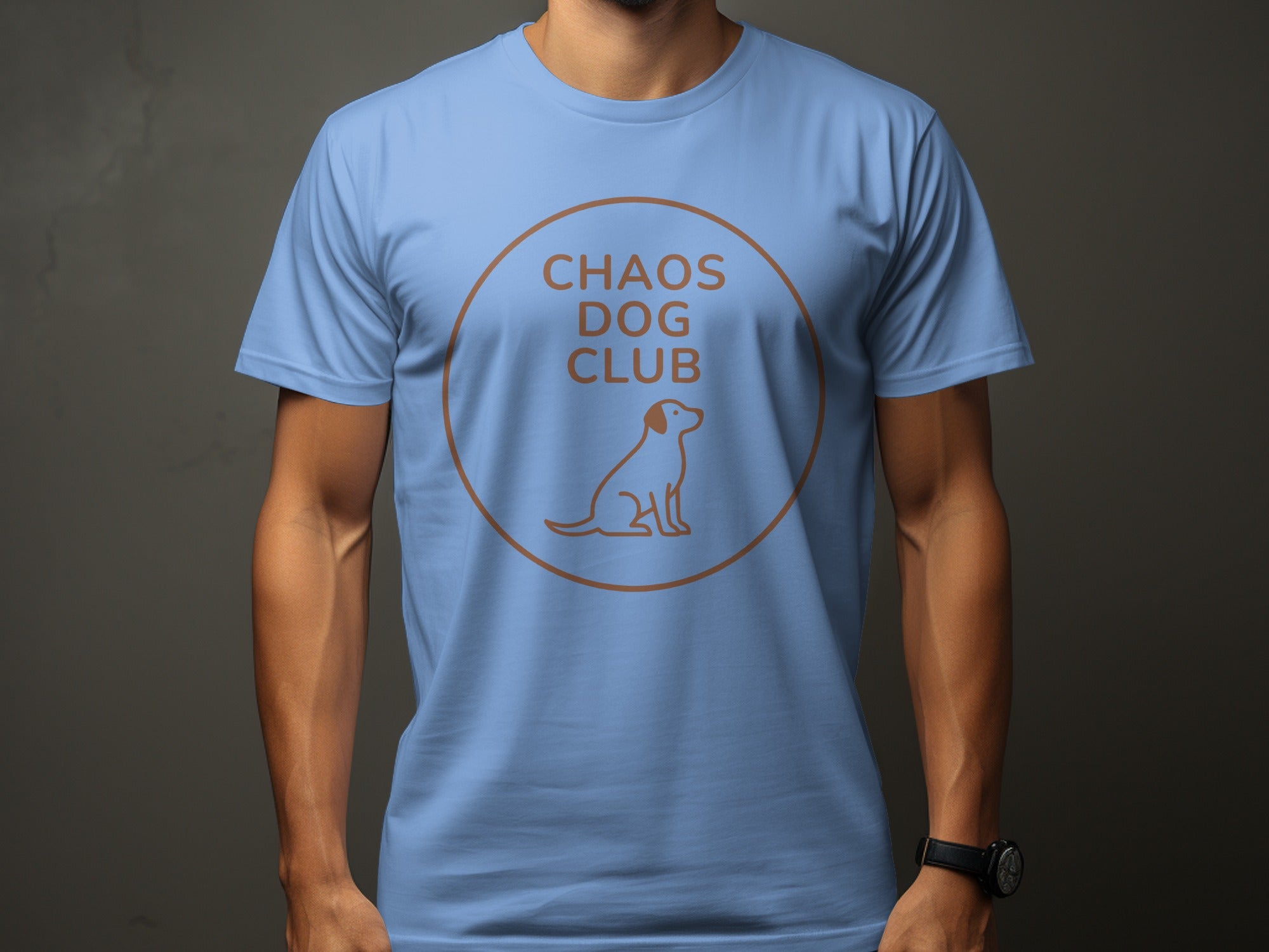 Light blue t-shirt with "Chaos Dog Club" and dog logo.