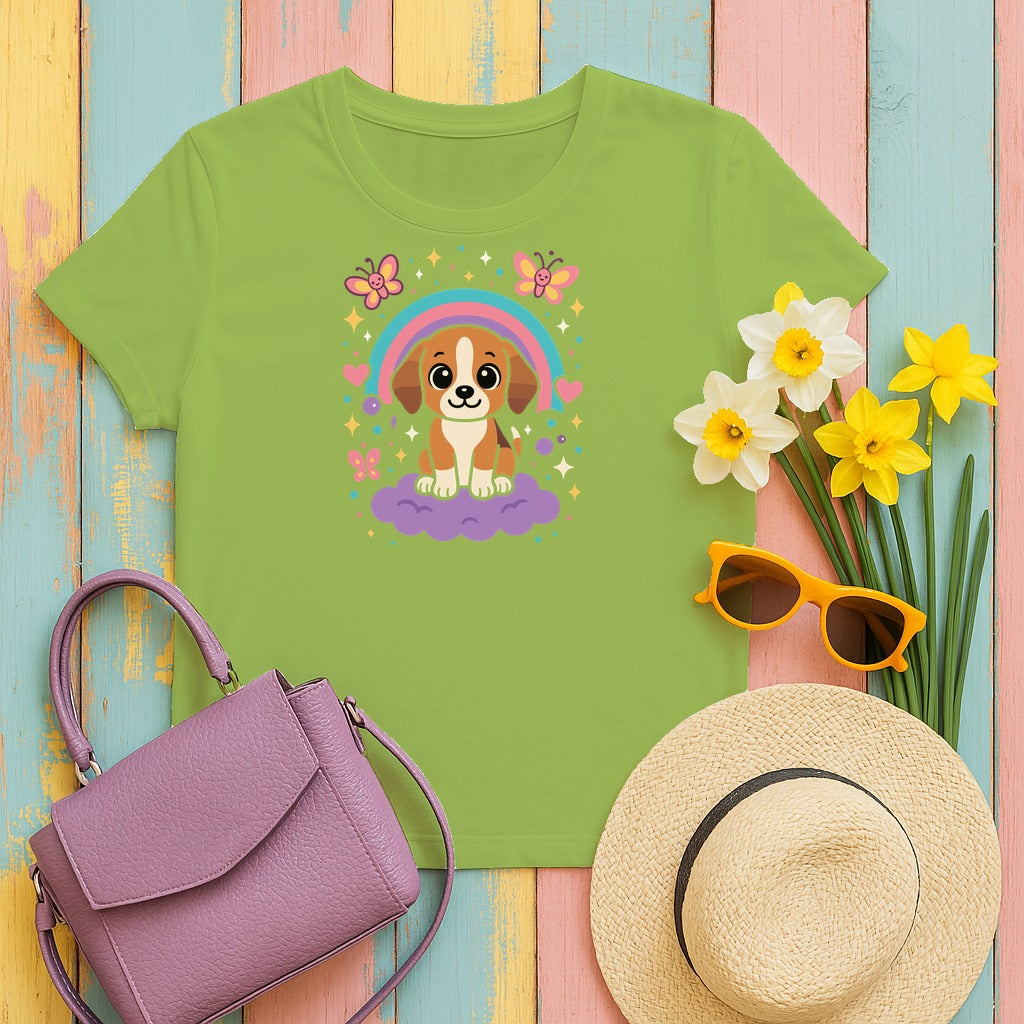 Cute Puppy Beagle Above Rainbow Cloud Design Graphic T-Shirt in Kiwi