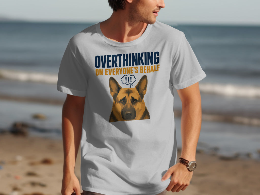Light grey t-shirt with "OVERTHINKING ON EVERYONE'S BEHALF" and a dog's face.