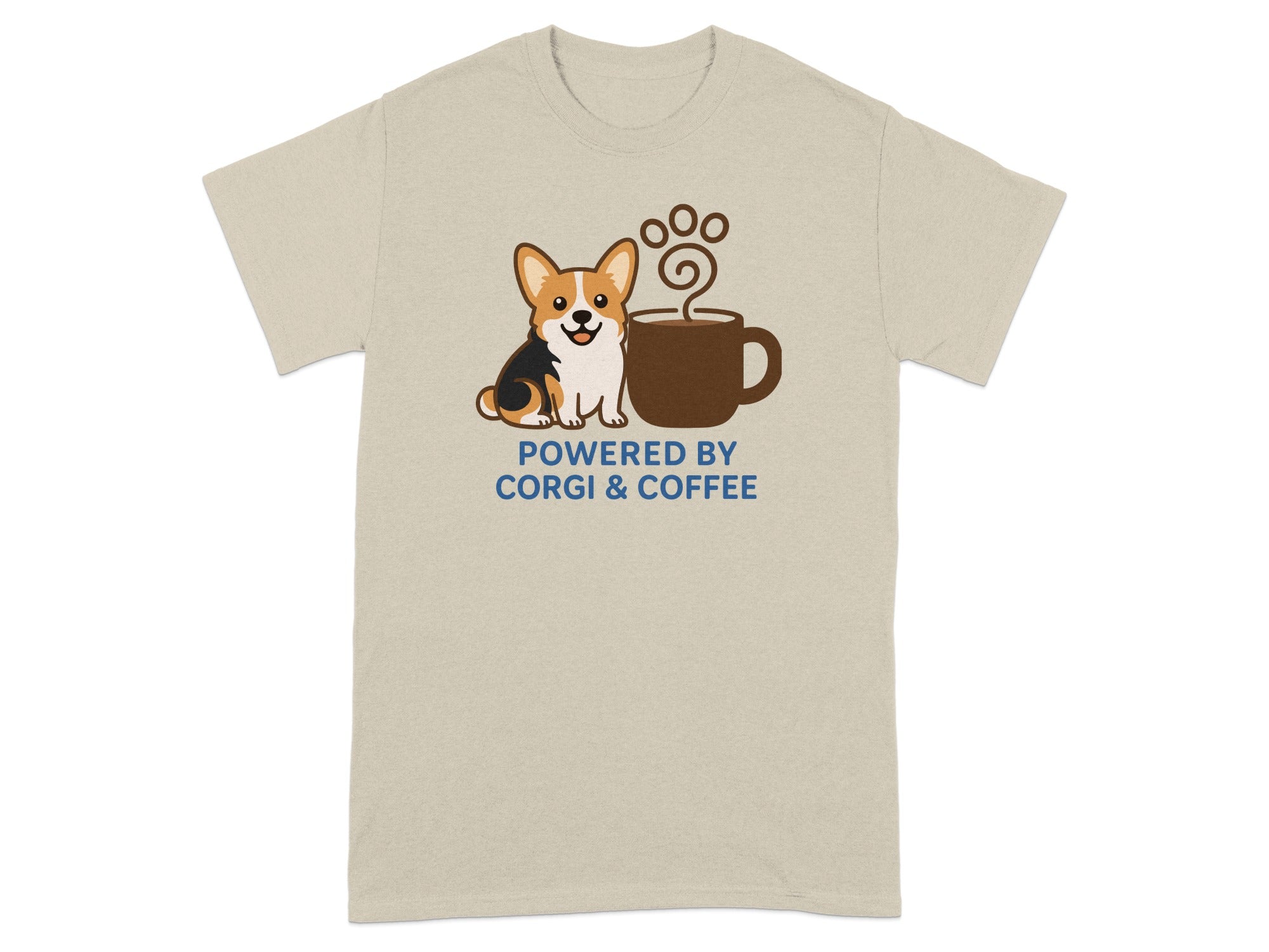 T-shirt with a corgi and coffee cup graphic and text "Powered by Corgi & Coffee".