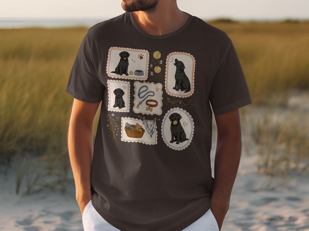 T-shirt with framed illustrations of black labradors and dog accessories.