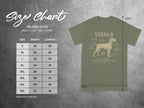 Gildan 5000 t-shirt size chart and Vizsla humor graphic.