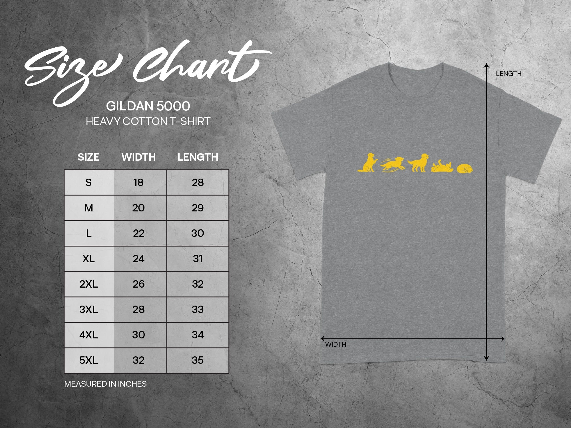 Gildan 5000 t-shirt size chart with width and length measurements in inches.
