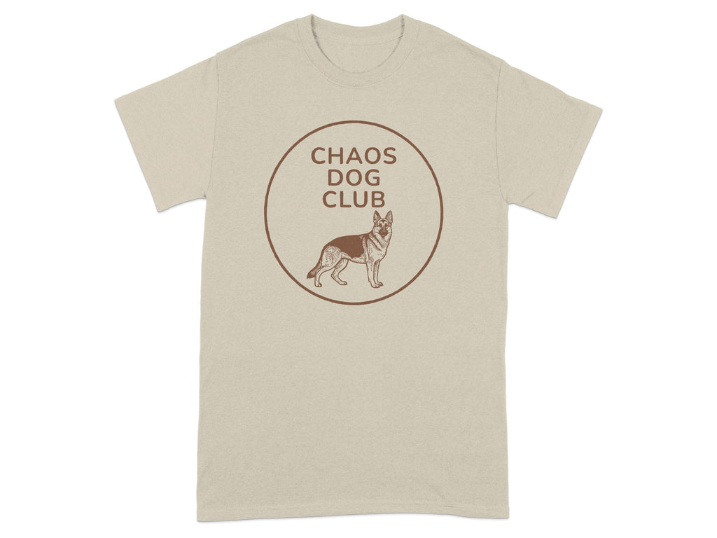 Beige t-shirt with "Chaos Dog Club" logo and German Shepherd graphic.