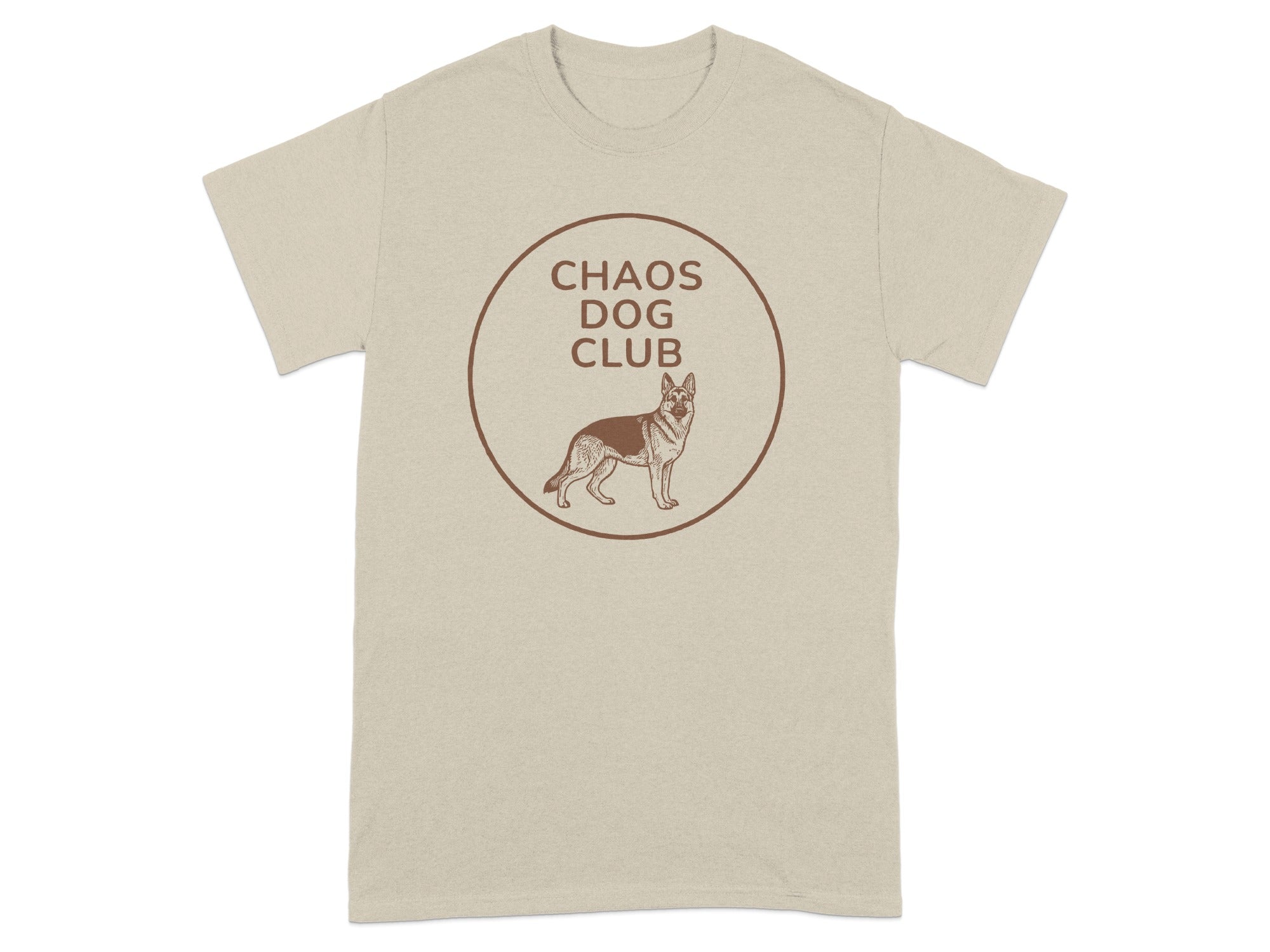 Beige t-shirt with "Chaos Dog Club" logo and German Shepherd graphic.