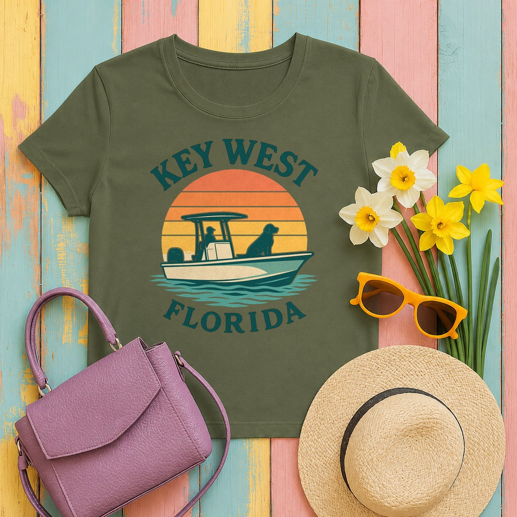 Key West Florida Retro Golden Retriever T-Shirt in Military Green