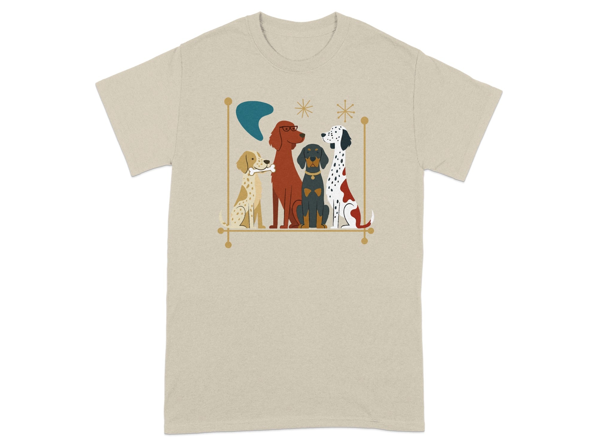 Four dogs, two spotted and two solid colors, sitting together in a line.