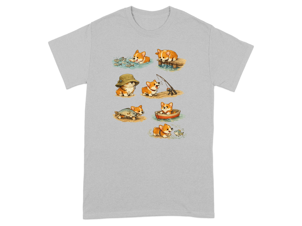 Cute corgis fishing and interacting with fish in various scenarios on a grey t-shirt.