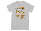 Cute corgis fishing and interacting with fish in various scenarios on a grey t-shirt.