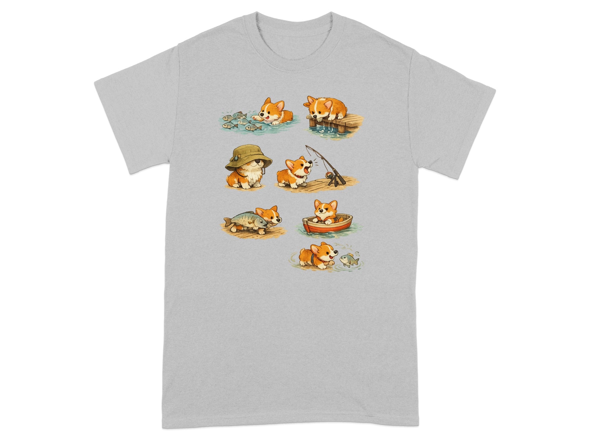 Cute corgis fishing and interacting with fish in various scenarios on a grey t-shirt.