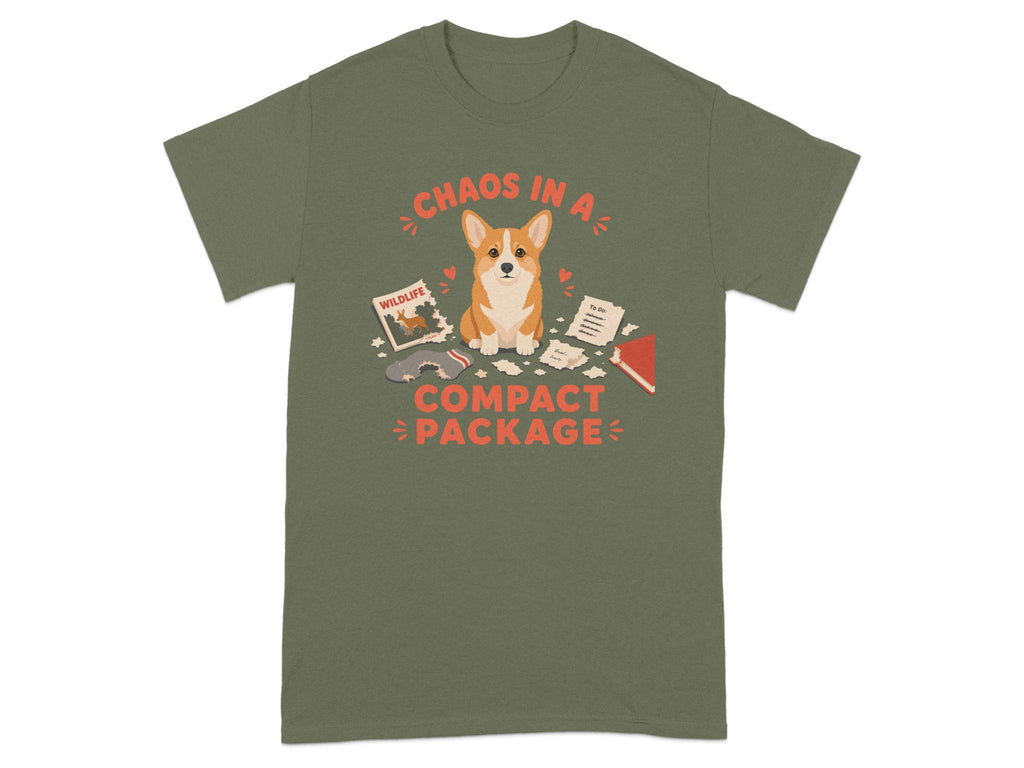 Green t-shirt with "Chaos in a Compact Package" and a corgi among scattered items.