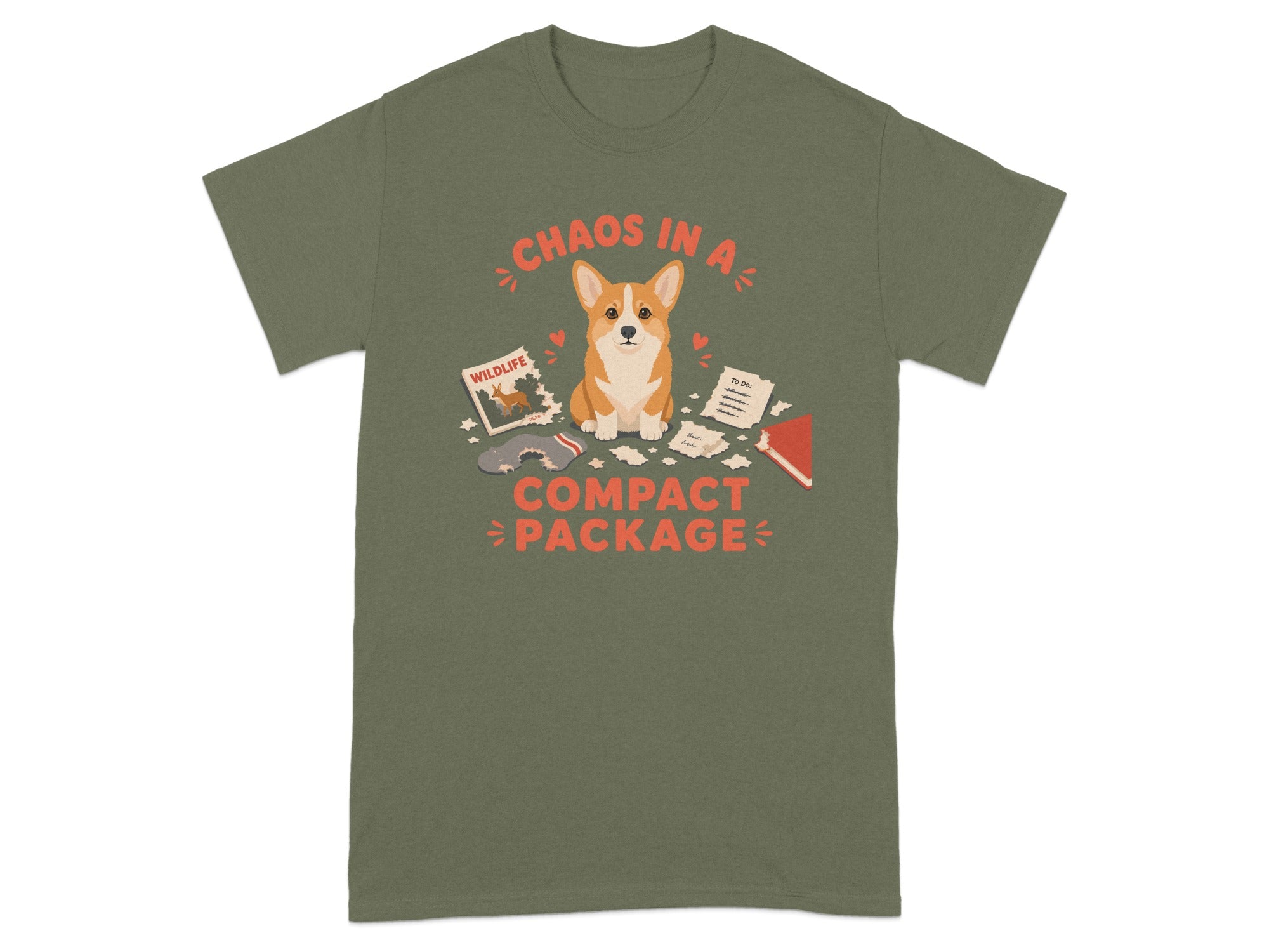 Green t-shirt with "Chaos in a Compact Package" and a corgi among scattered items.