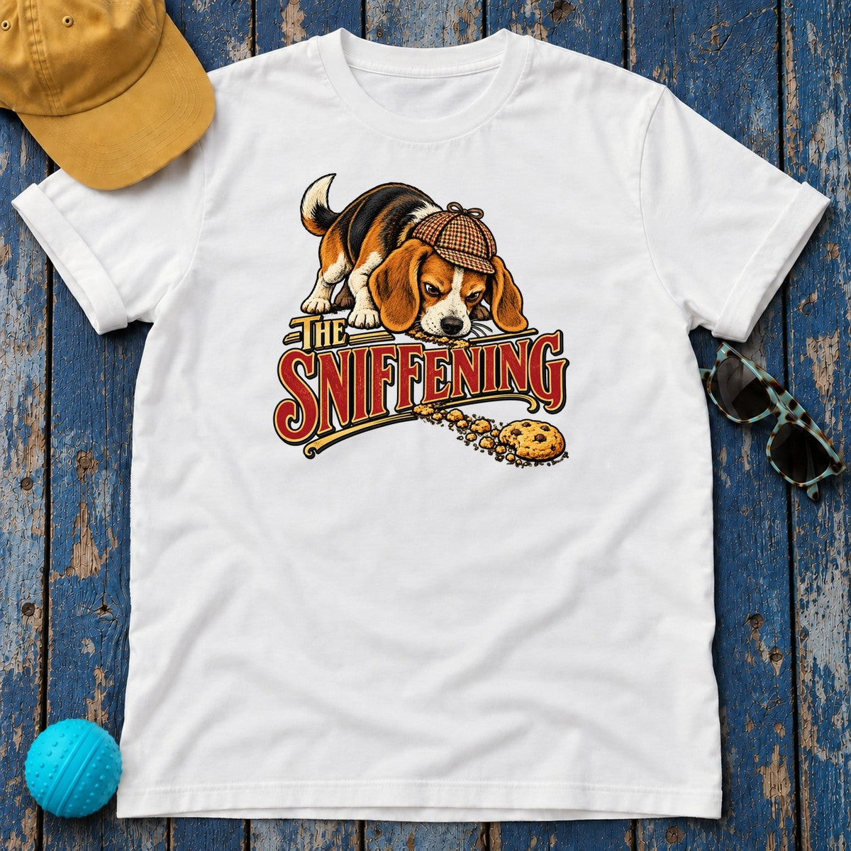 The Sniffening Beagle T-Shirt in White - flat lay