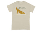 Tan t-shirt with a golden retriever in a play bow pose and text.