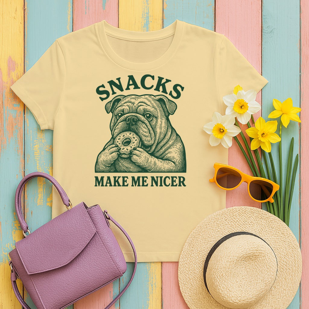 Snacks Make Me Nicer Bulldog with Doughnut Funny T-Shirt in Yellow Haze