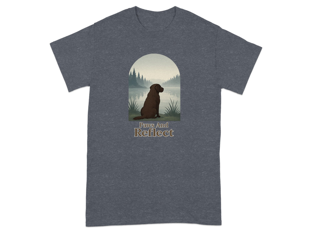 Brown dog sits by water with text "Paws And Reflect" below.