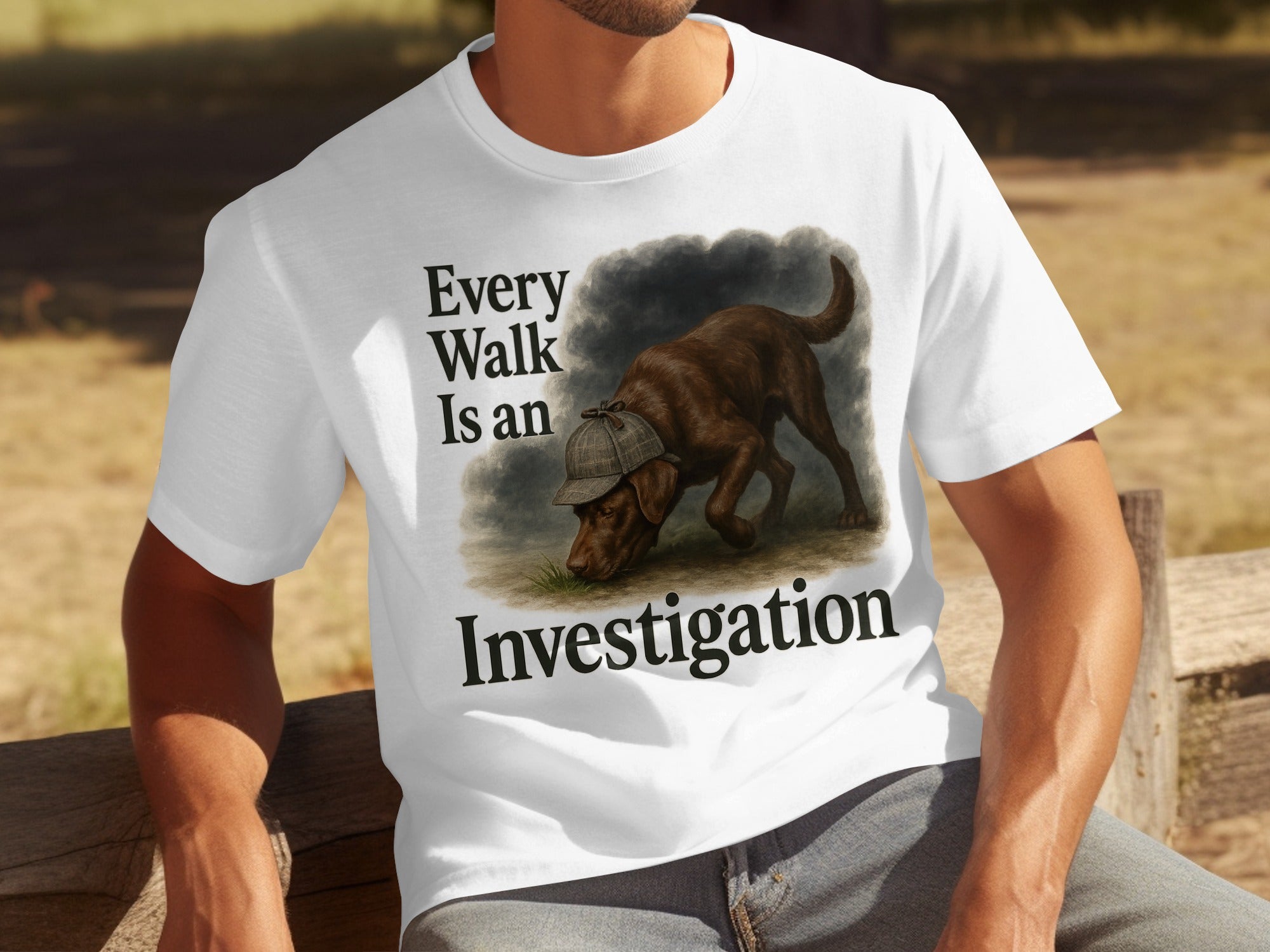 White t-shirt with brown dog wearing a hat and text "Every Walk Is an Investigation".