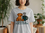 Grey t-shirt with a Vizsla dog, coffee cup, and the text "POWERED BY VIZSLA & COFFEE".