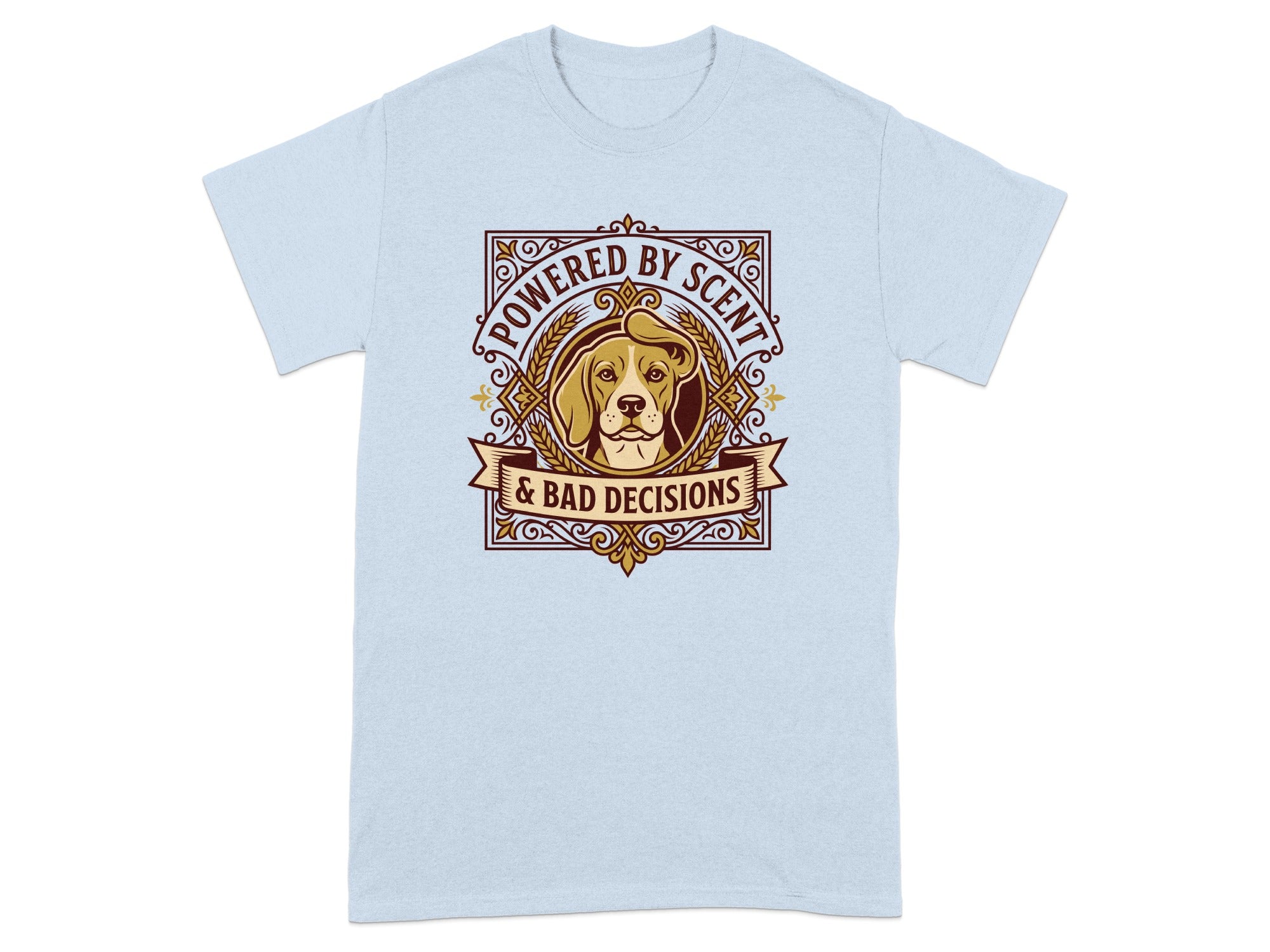 Light blue t-shirt with a beagle's portrait and "Powered by Scent & Bad Decisions" text.