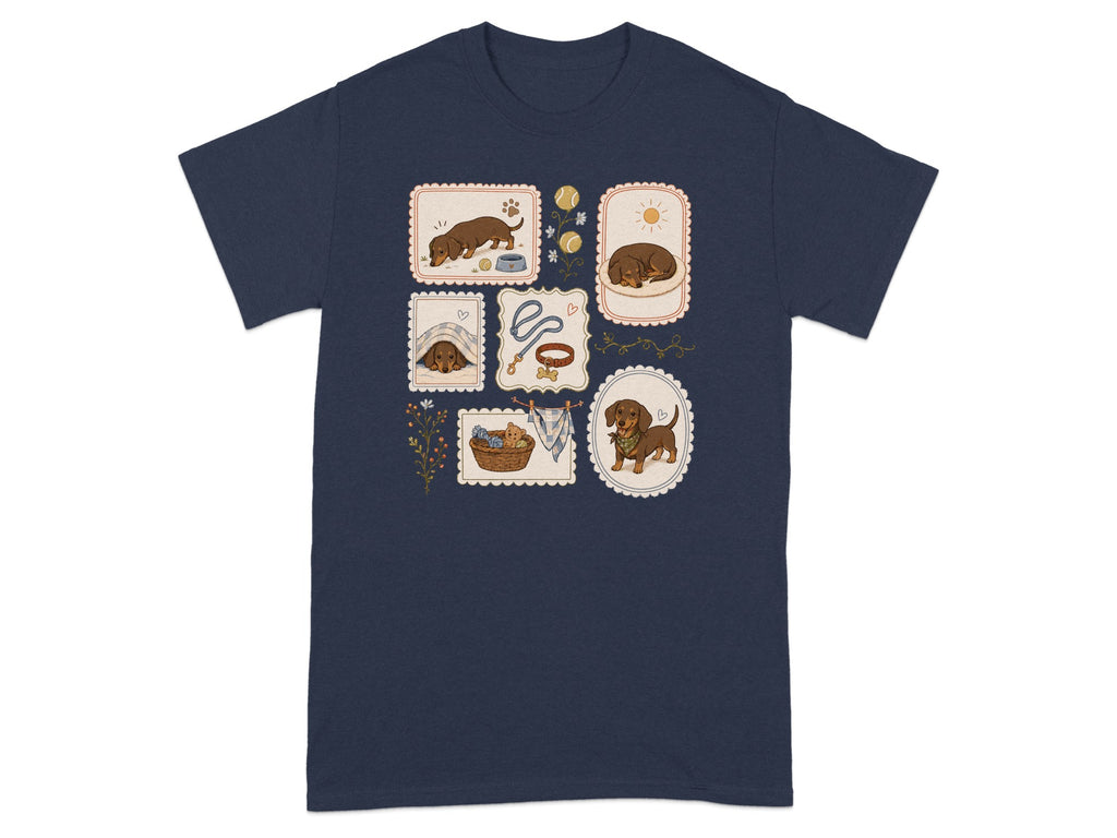 Dachshunds in various poses and illustrated vignettes on a navy blue t-shirt.