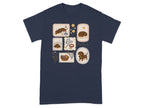Dachshunds in various poses and illustrated vignettes on a navy blue t-shirt.