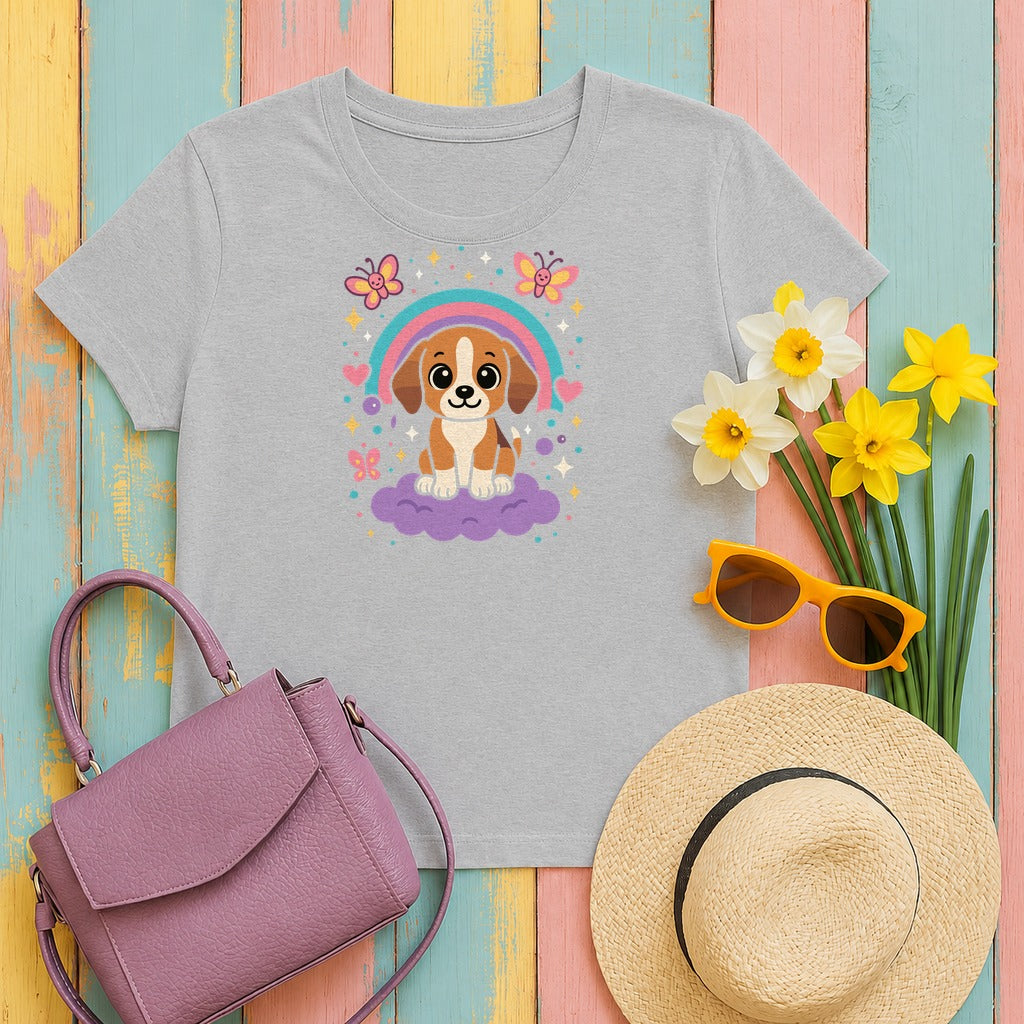 Cute Puppy Beagle Above Rainbow Cloud Design Graphic T-Shirt in Sport Grey