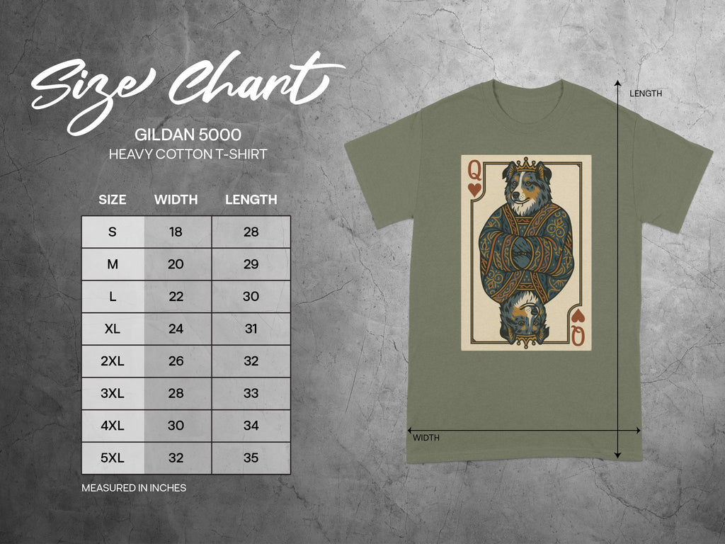 Gildan 5000 Heavy Cotton t-shirt size chart with dimensions in inches.