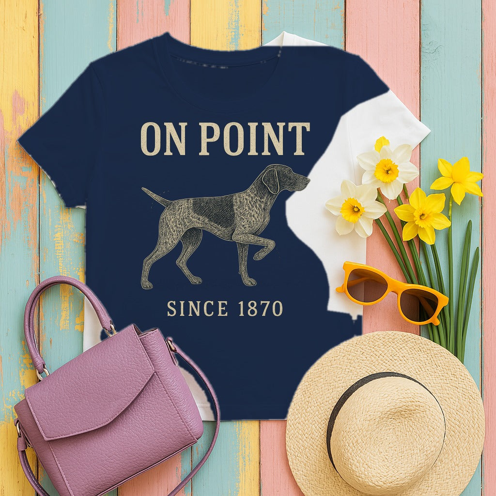 German Shorthaired Pointer On Point Blueprint Tee styled flat lay on Navy