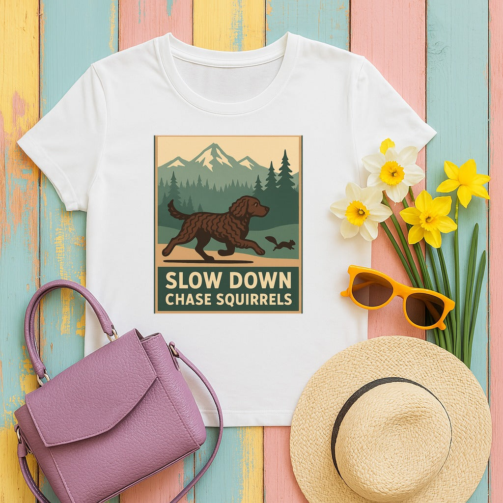 American Water Spaniel Slow Down Chase Squirrels Tee in White
