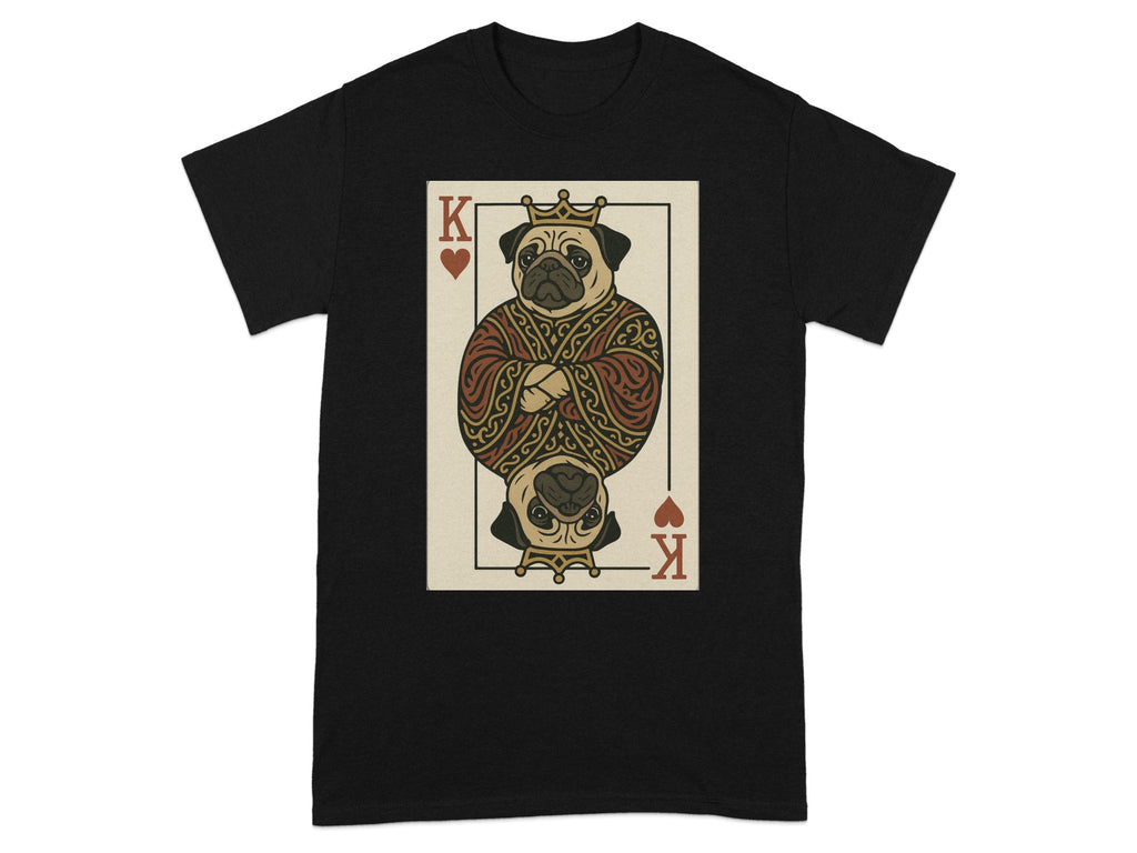 Black t-shirt with King of Pugs playing card graphic.