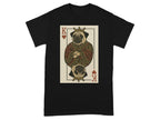 Black t-shirt with King of Pugs playing card graphic.