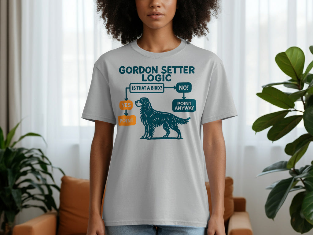 Grey t-shirt with Gordon Setter logic flowchart and dog illustration.