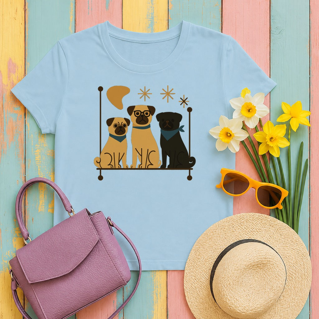 Mid-Mod Pug Parade Graphic T-Shirt in Light Blue