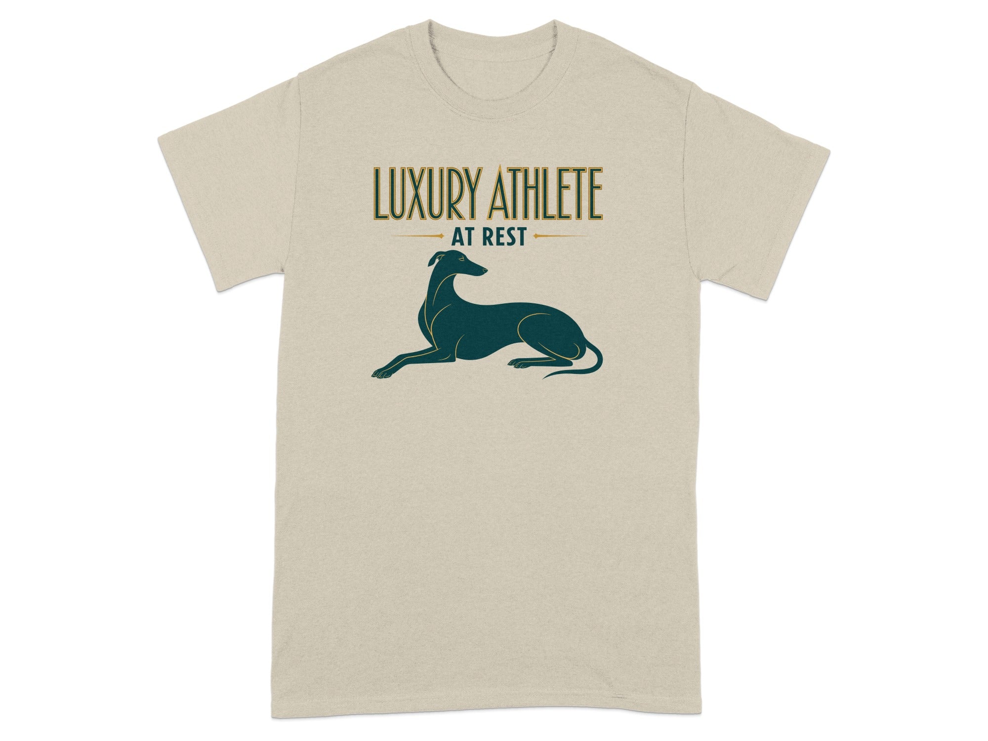 Beige t-shirt with "LUXURY ATHLETE AT REST" and a greyhound silhouette.