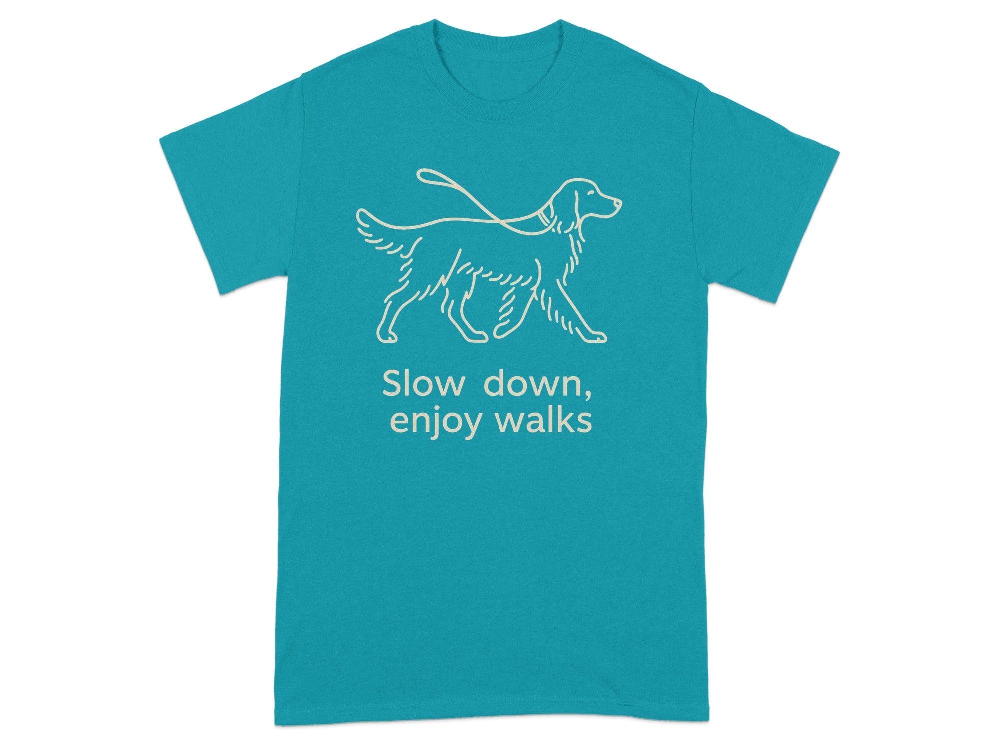 Turquoise t-shirt with a line drawing of a dog on a leash and text.
