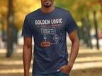 Navy t-shirt with "Golden Logic" flowchart about barking.