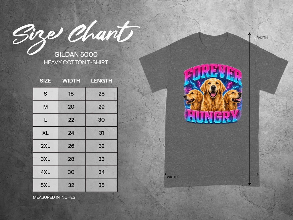 Gildan 5000 t-shirt size chart with "Forever Hungry" graphic.